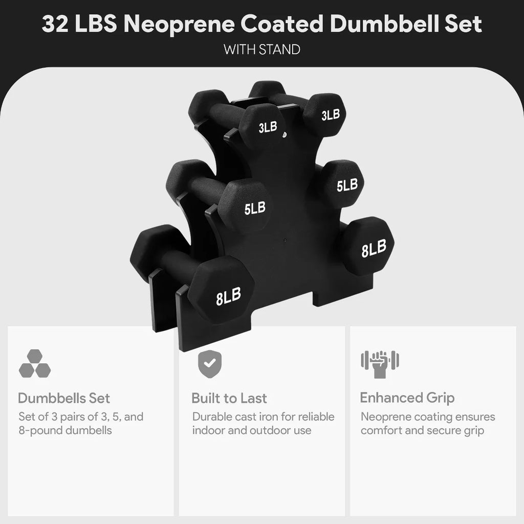 Balancefrom Fitness 32 Pound Neoprene Coated Cast Iron Dumbbell Exercise Workout Set with Stand, 3 Pairs of 3, 5, and 8 Pound Weights, Black